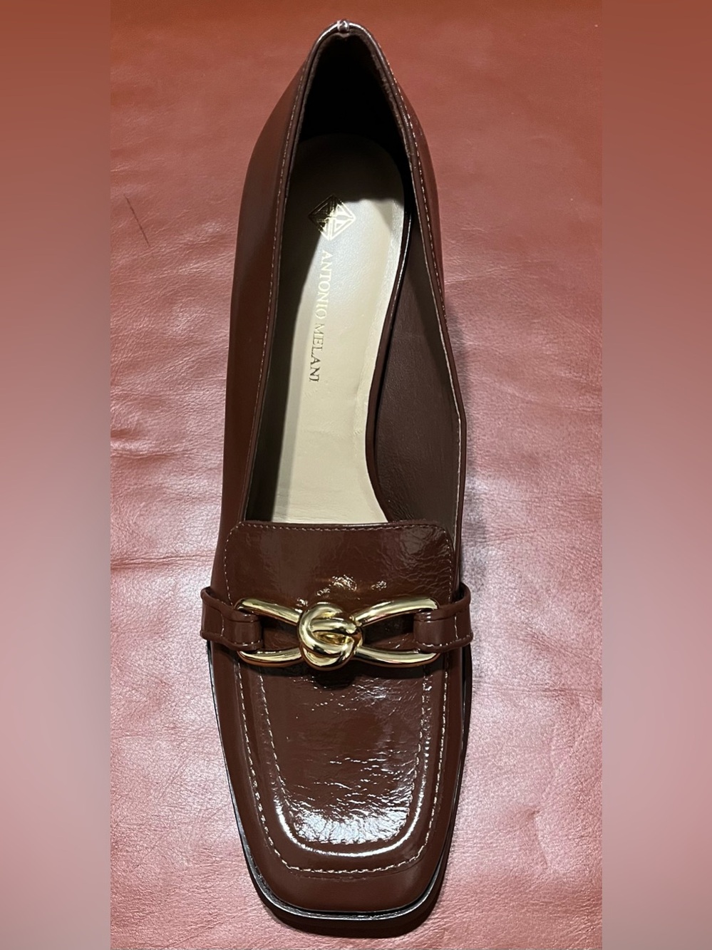 ANTONIO MELANI Brown Patent leather Chunky Heel Pumps with Gold Link Accent